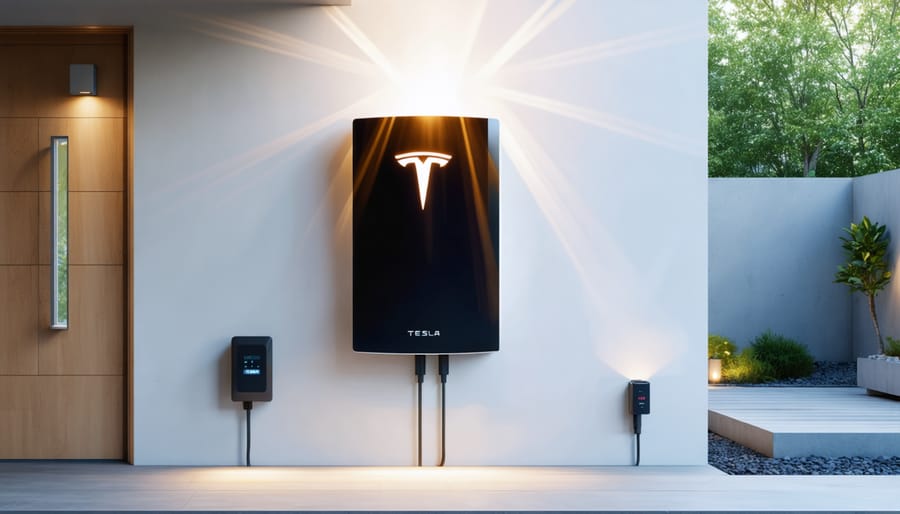 Illustration of a Tesla Powerwall mounted in a European home, capturing solar energy for sustainable living and grid independence.