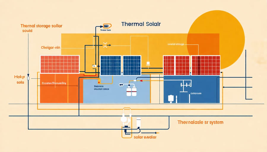 Illustration of how thermal storage solar systems function to collect, store and generate power from the sun's heat