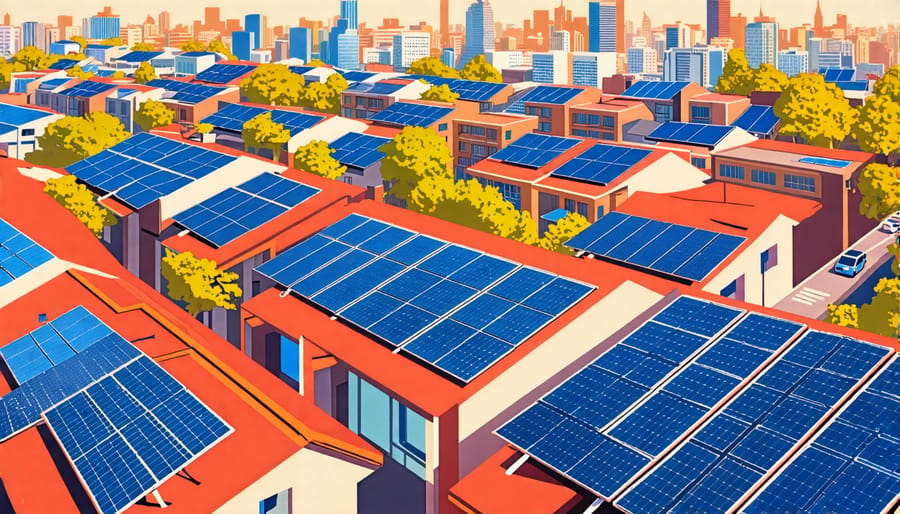 City view with widespread integration of solar panels on rooftops