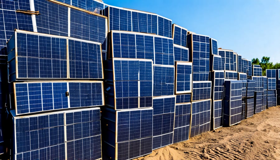 Piles of second-hand solar batteries ready for repurposing and reuse