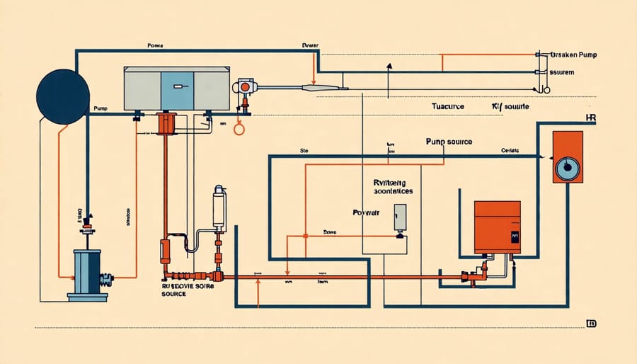 Illustration of a well pump system, including the pump, pressure tank, and power supply