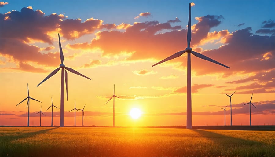 Wind turbines in a farm generating renewable energy at sunset