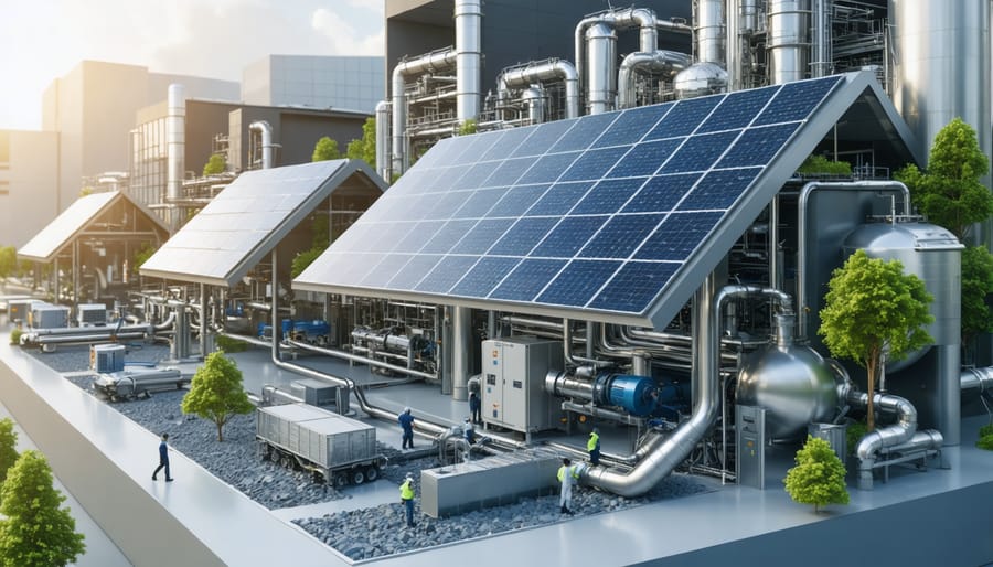 Technicians dismantling solar panels at a recycling facility, showcasing the recovery and transformation of materials like glass, aluminum, and silicon into new solar components, symbolizing the circular economy.