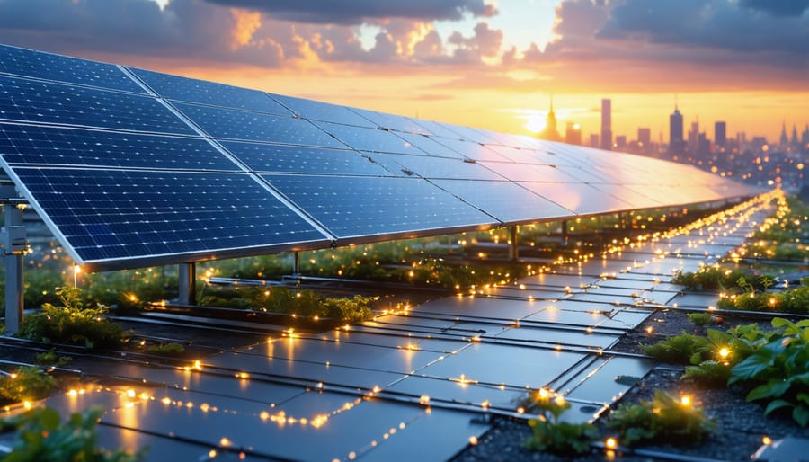 A futuristic European cityscape at sunrise featuring advanced solar panels by INOX Solar, symbolizing innovation and a sustainable energy future.