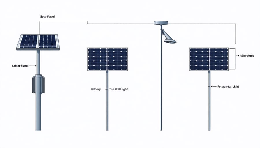 Schematic illustration of a solar flagpole top light's main components and their arrangement