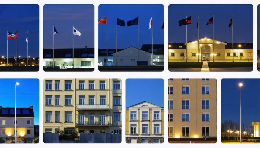 Collection of images showcasing solar flagpole top lights in use across different European settings at night