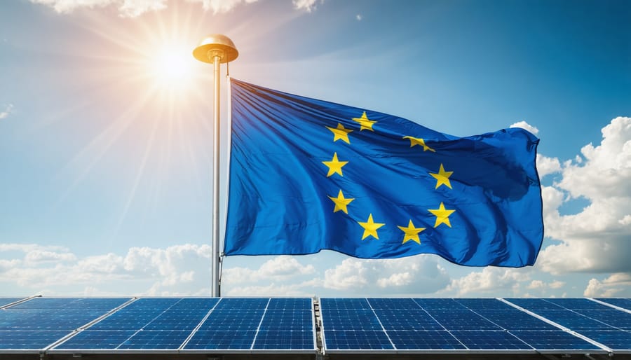 Conceptual illustration of a European flag illuminated by a solar-powered flagpole top light, surrounded by symbolic European landmarks, highlighting sustainability and eco-friendliness.