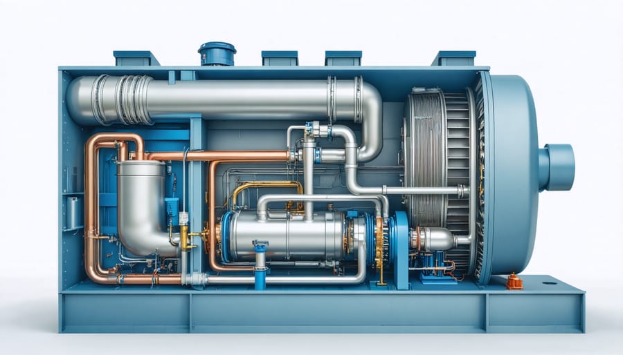 Cross-section of an absorption chiller used in solar cooling systems