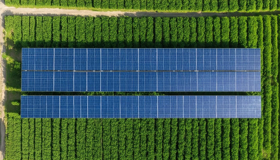 Solar panels mounted above agricultural crops, demonstrating dual-use farming