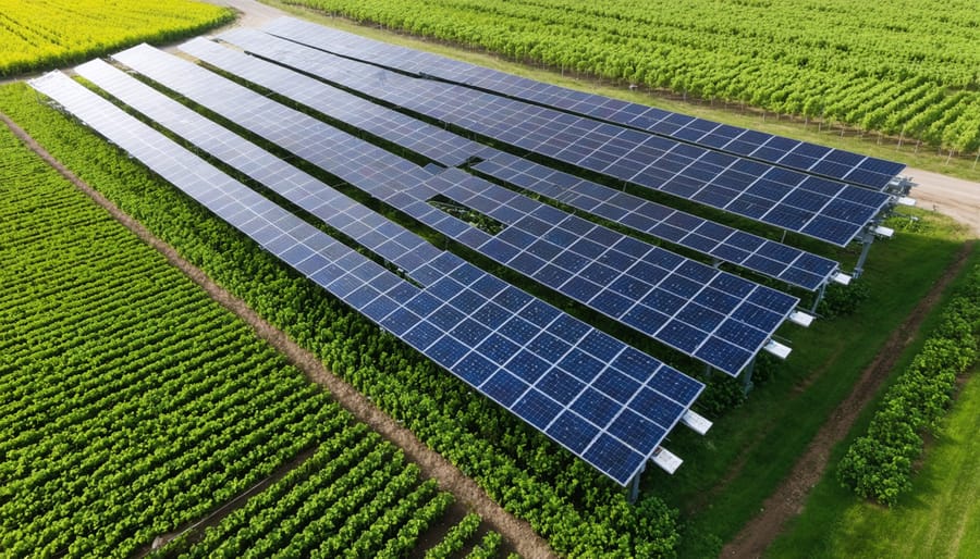 Agrivoltaic system combining elevated solar panels and thriving crops