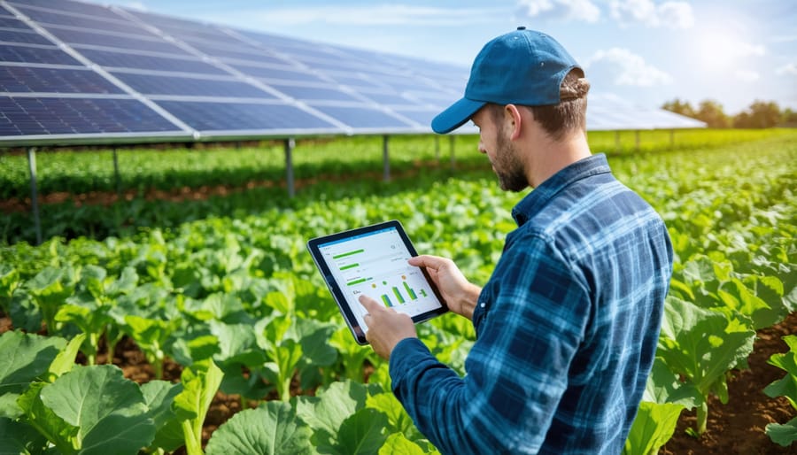 Farmer leveraging precision agriculture technology in an agrivoltaic system