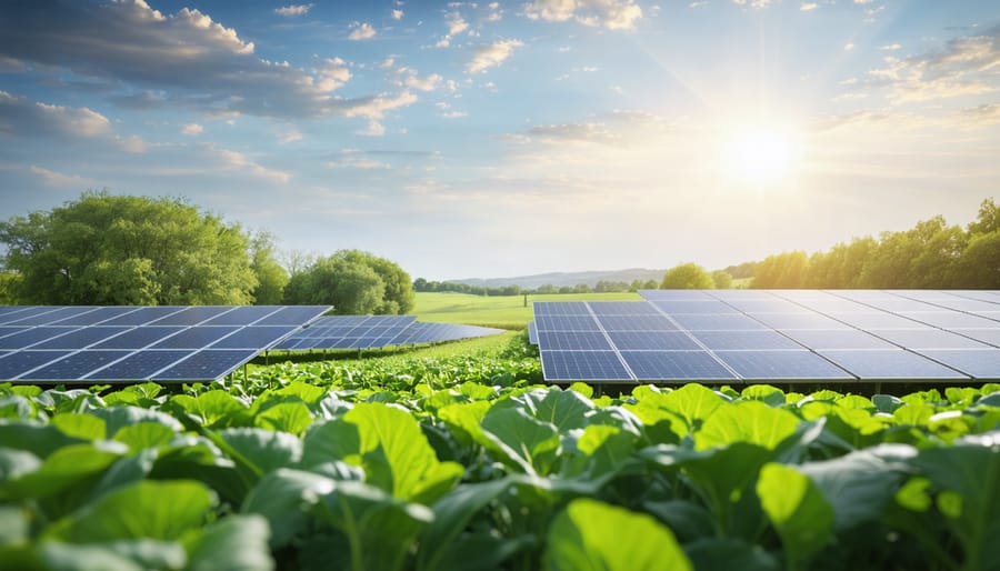 A conceptual representation of agrivoltaics showing solar panels integrated with a flourishing crop field on a European farm.