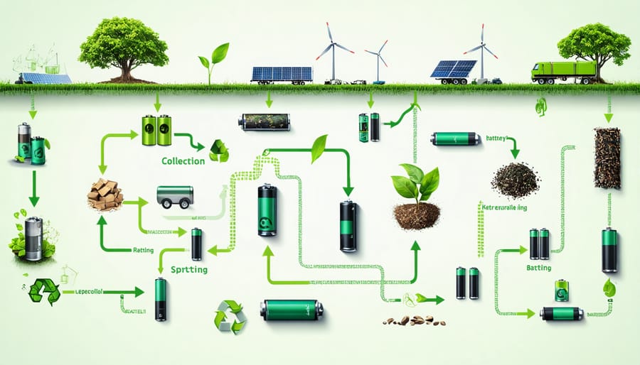 Detailed flowchart illustration of the battery recycling process, highlighting steps like collection, sorting, dismantling, and material extraction, integrated with green energy symbols.