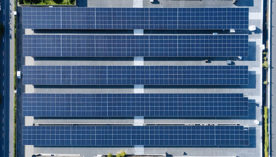 Large commercial smart solar array installed on an industrial building rooftop