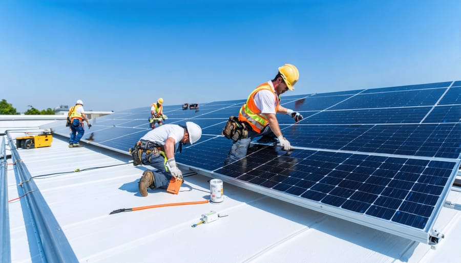 Team of technicians installing premium-grade solar panels on a commercial rooftop, showcasing durability and state-of-the-art design.