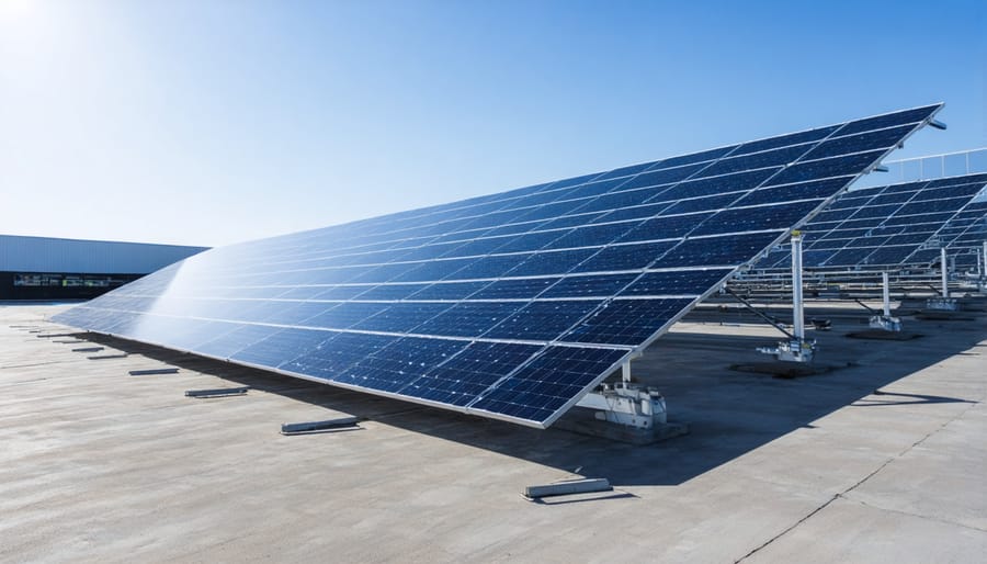 Industrial solar panels and energy storage units powering a factory