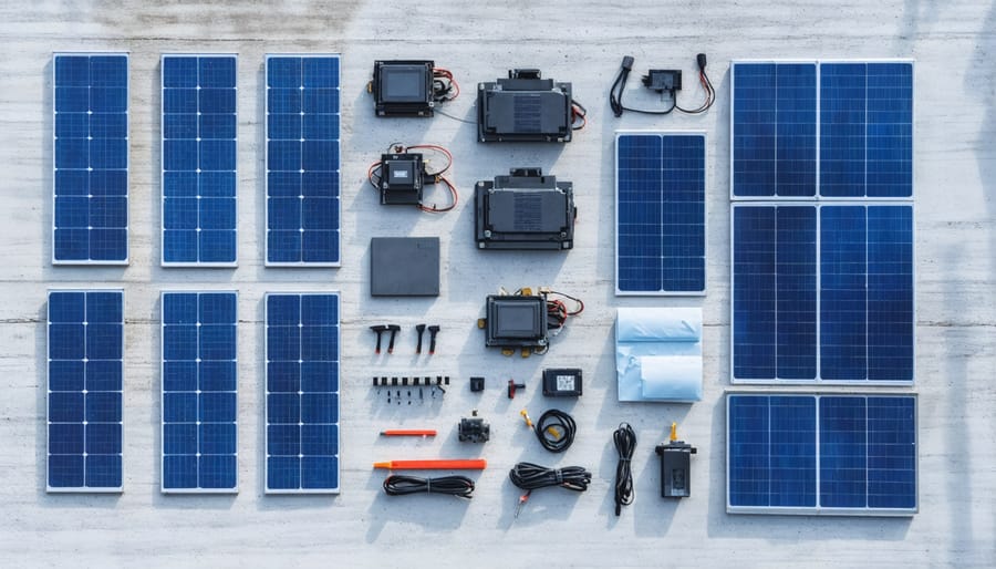 Deconstructed solar panel parts arranged for the recycling process