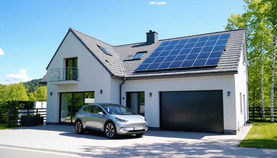 Modern European home with solar panels on the roof, an electric vehicle parked in the driveway charging, symbolizing sustainable and eco-friendly living.