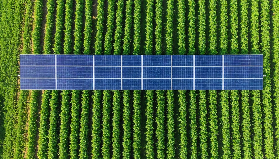 Aerial view of elevated solar panels deployed over agricultural fields, demonstrating the integration of solar energy generation and crop cultivation on European farmlands.