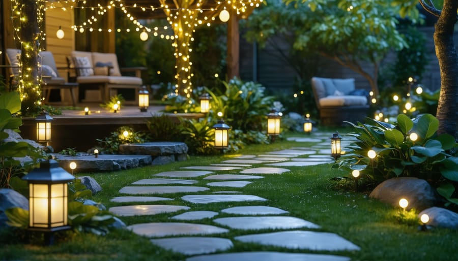 A nighttime garden illuminated by solar string lights, lanterns, and path lights, with a solar-powered water feature creating a magical ambiance.