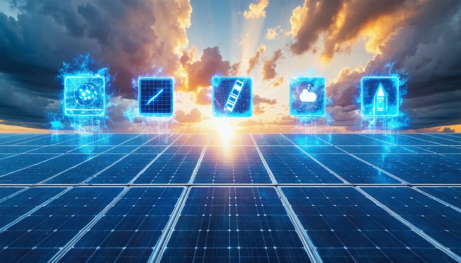 A visionary concept of Europe's solar-powered future with solar panels and symbols of seven innovative battery technologies in a harmonious arrangement.