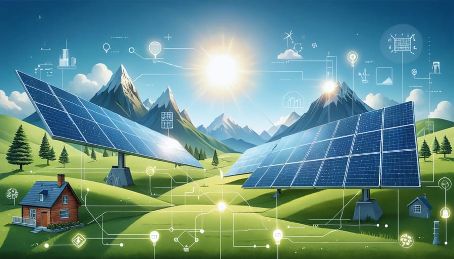 Conceptual illustration of remote solar power systems harnessing the sun's energy across European landscapes, featuring solar panels and energy flow to homes and industries.