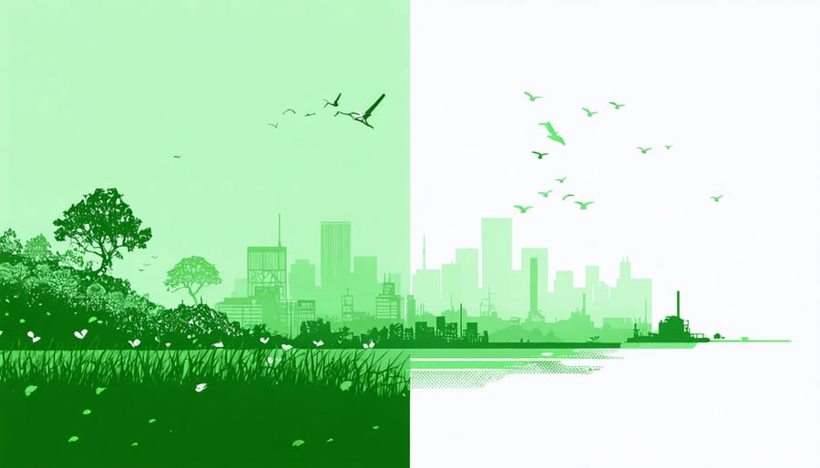 Contrasting images of a healthy ecosystem and a polluted cityscape