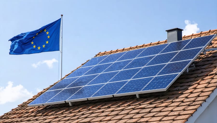 Solar panels installed on a house roof with the European Union flag behind