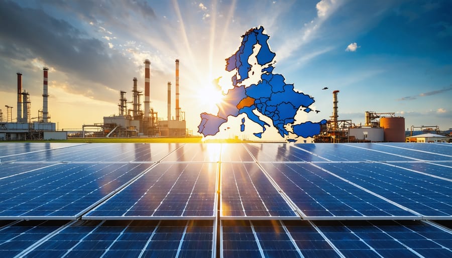 Conceptual image of solar panels on a European map backdrop representing industrial transformation with solar energy.