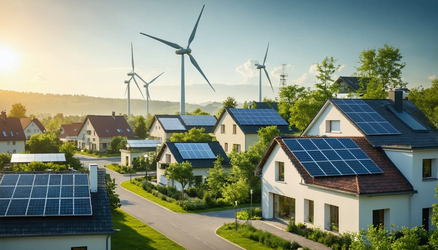 Aerial view of a European town utilizing a renewable energy microgrid, featuring solar panels on rooftops, wind turbines, and energy storage units, illustrating clean energy integration.