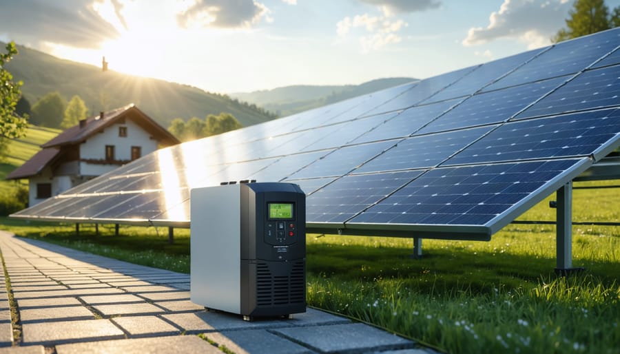 A modern 6000W solar inverter set amidst a European landscape, highlighting integration of solar technology with traditional surroundings, symbolizing sustainable energy solutions.