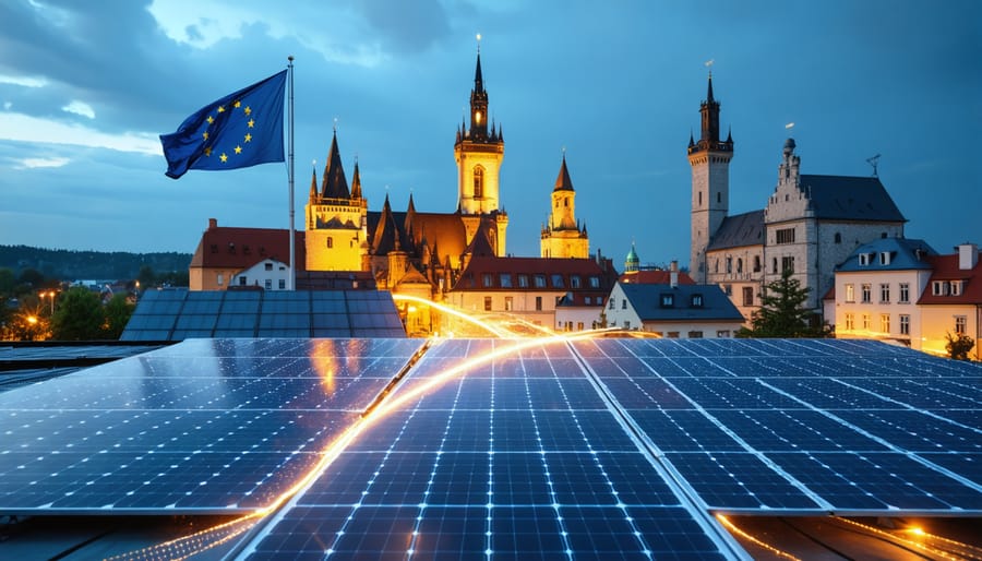 Illustration of European landmarks with solar panels and interconnected lines, symbolizing unified solar regulations across Europe, backed by the European Union flag.