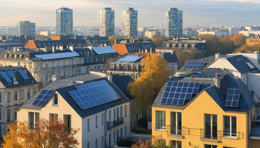 Cityscape featuring modern European buildings with seamlessly integrated solar panels on roofs, facades, and windows, illustrating the concept of building integrated solar technology.