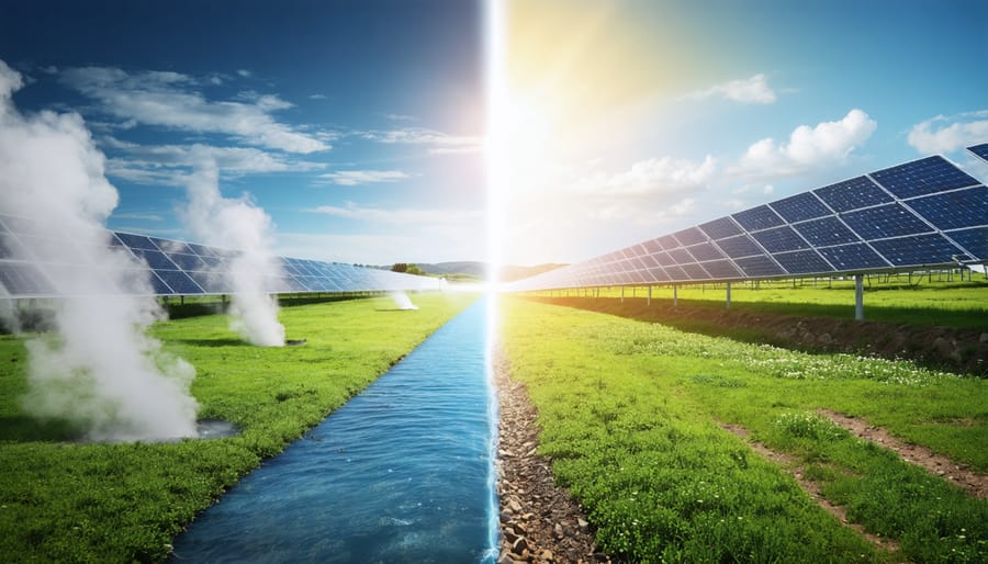 Conceptual image depicting the synergy between geothermal and solar energy with a split landscape of a geothermal facility and solar panels, representing sustainable energy in Europe.