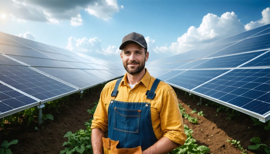 European farmer showcasing their successful agrivoltaic installation with crops growing beneath solar panels