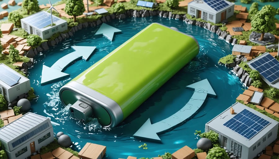 Conceptual illustration representing INOX Solar's innovative battery recycling process, highlighting a bright green solar battery rising from recycled materials, symbolizing sustainability and circular economy practices.