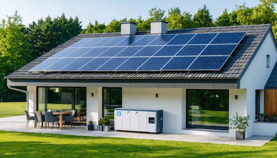 Exterior view of a house equipped with solar panels and a battery storage system