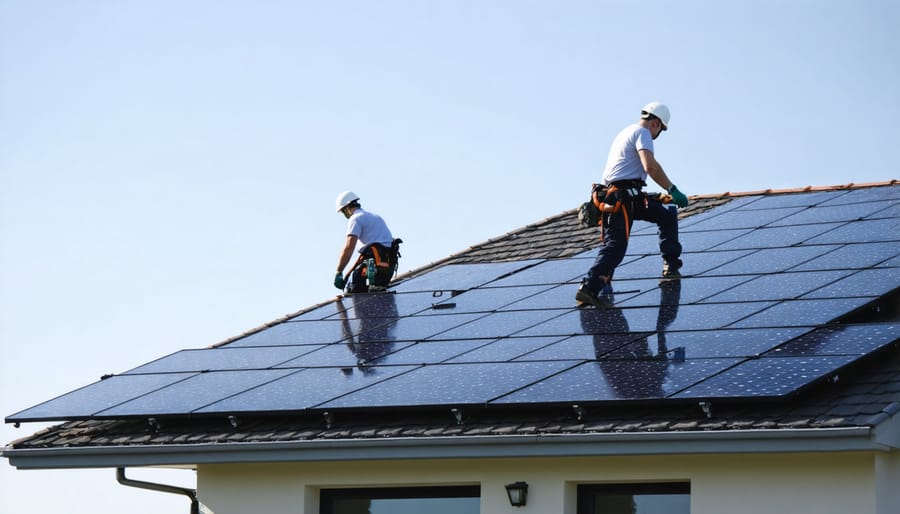 INOX Solar team members setting up modern, efficient nanotech solar panels on a house