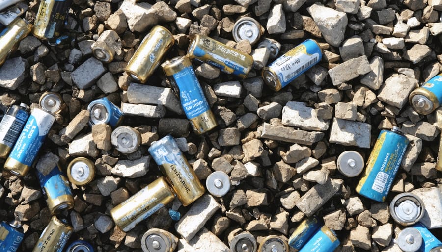 Stacks of end-of-life lithium batteries awaiting recycling