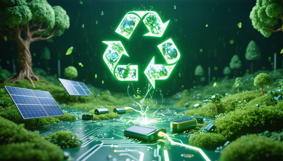 Conceptual image showing solar panels powered by recycled lithium batteries, with streams of materials symbolizing the recycling process amid a renewable landscape.