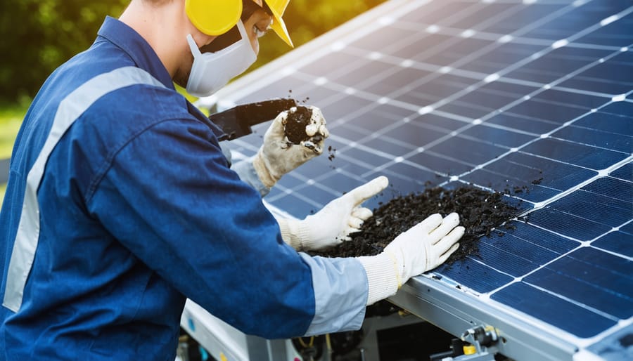 Worker using specialized equipment for material separation in solar panel recycling