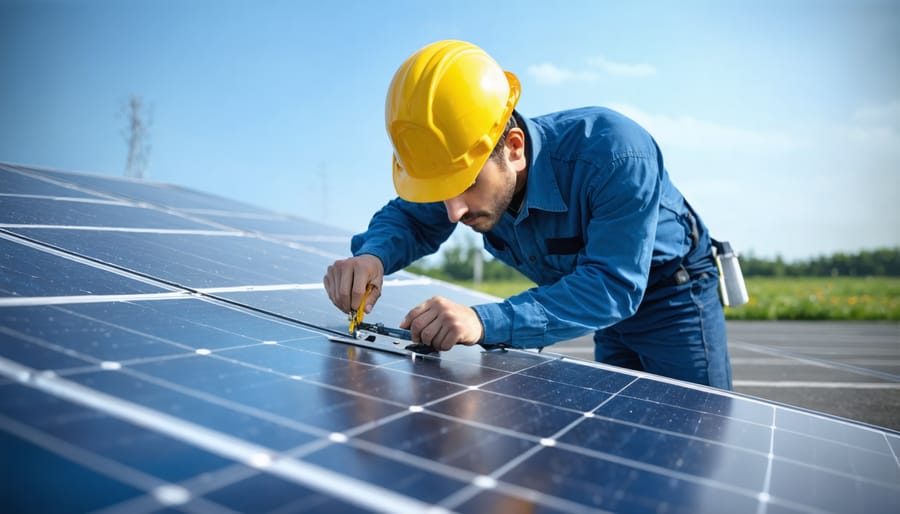 Technician measuring solar panel for frame compatibility