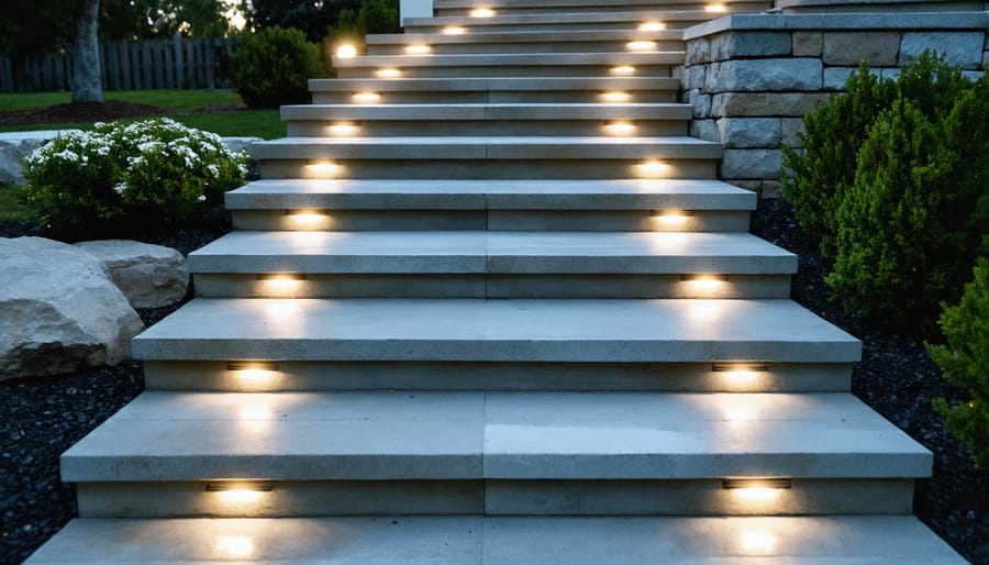 Mix of recessed and post solar lights illuminating outdoor stairs for a custom look