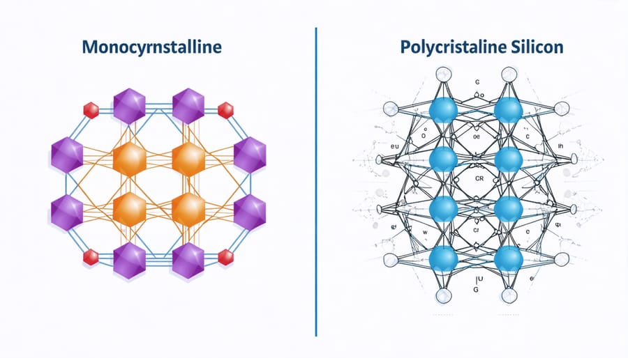 Illustration showing differences between monocrystalline and polycrystalline silicon at the atomic level