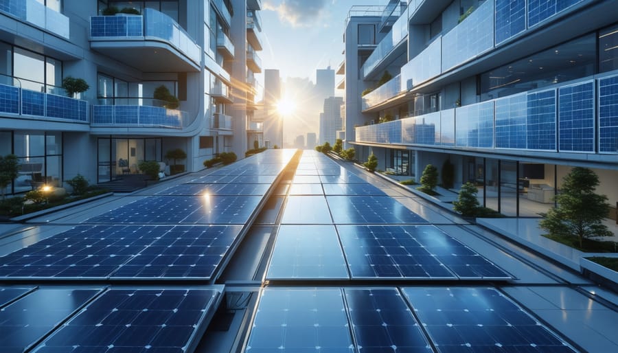 Futuristic European city powered by nanotech solar panels, featuring modern architecture adorned with sun-harvesting technology, symbolizing the transition to clean energy.