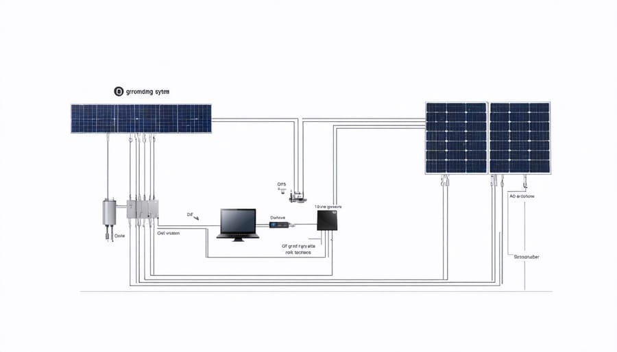 Diagram illustrating the interconnections between off-grid solar system components and the grounding system