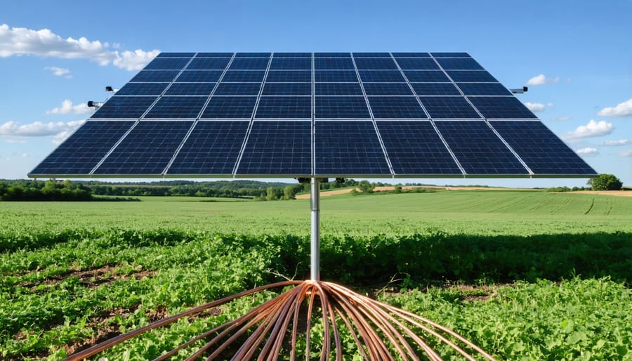 Off-grid solar installation in a rural setting, with solar panels visibly grounded using copper wires and a grounding rod driven into the earth, showcasing the system's protection against lightning and electrical faults.