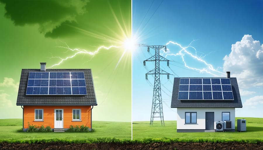 A split image featuring an off-grid house with solar panels and battery storage in a rural setting on one half, and a modern on-grid house with grid-tied solar panels in an urban environment on the other, illustrating the choice between off-grid and on-grid solar systems.