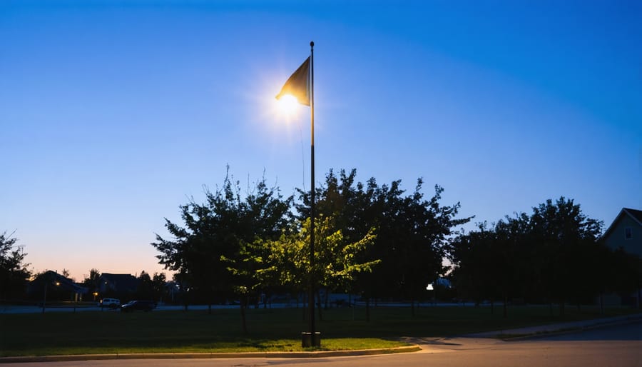 A flagpole with a solar panel correctly angled towards the sunlight to ensure maximum charging efficiency. The clear sky and absence of shadows demonstrate optimal conditions for solar power.