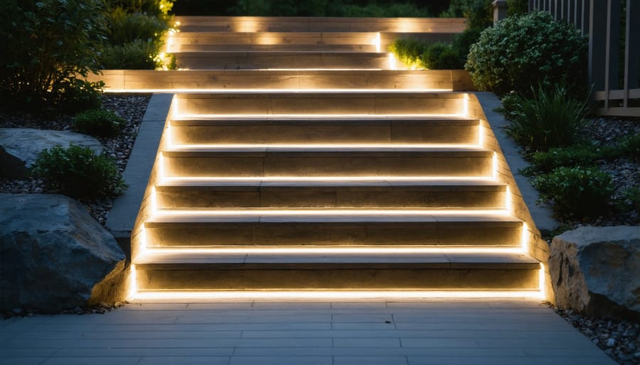 Recessed solar lights integrated into outdoor stairs for subtle illumination